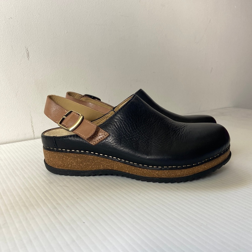 Black Leather Slingback Clog with Tan Strap